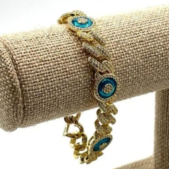 Jagged Halo Delara Pave Bold Gold Link Blue Evil Eye Chain Bracelet Dust Bag 7" - Picture 1 of 11